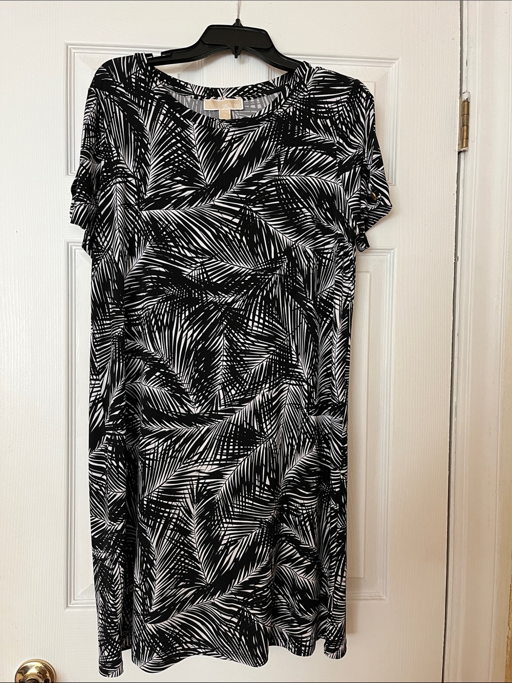 Michael Kors Black & White Palm-Print Short Split Sleeve Dress